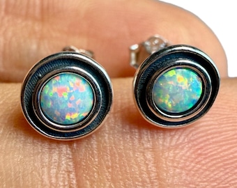 White Opal Stud Earrings, 7mm Round Face, 925 Sterling Silver, Minimalist October Birthstone Gift