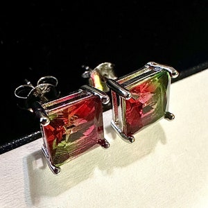 925 Sterling Silver Tourmaline Earrings Studs for Women Princess Cut 6MM Gift