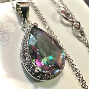 Pu&ograve; includere: Una collana d'argento con un grande pendente a forma di goccia. Il pendente presenta una pietra preziosa iridescente con un effetto arcobaleno. La pietra &egrave; circondata da piccole pietre trasparenti. La catena &egrave; delicata e argentata.