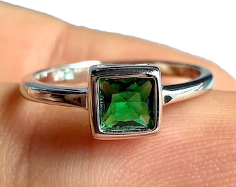 Emerald CZ Ring, 925 Sterling Silver, Square Bezel, 5.2mm Face