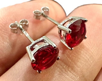 6mm Round Ruby Stud Earrings 925 Sterling Silver • Red Dainty Studs for Women • July Birthstone Jewelry Gift • Minimalist Silver Earrings