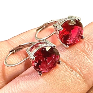 Stunning Ruby Leverback Earrings • 6mm Silver Plated CZ Dangle Gift for Women