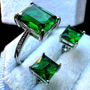 Emerald CZ Ring and Earring Set, Green Princess Cut Ring Sizes 5-9 with 6mm Stud Earrings Gift