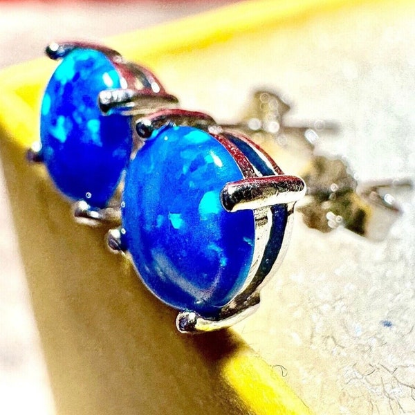 Blue Fire Opal Earrings Stud Sterling Silver 925, 6MM Stud Earrings for Women, Blue Earrings Studs Silver, Birthstone Earrings, Gift