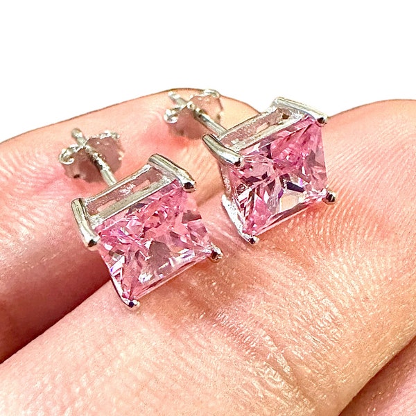 Princess Cut Pink Tourmaline Earrings, 925 Sterling Silver Earrings, Pink Earrings, Silver Stud Earrings, Earrings for Women, Earrings Studs