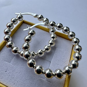 Beaded Hoop Earrings Sterling Silver 925 – 30mm Lightweight Hoops for Women