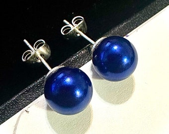 Blue freshwater Pearl Stud Earrings for Women 8MM