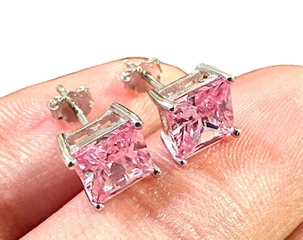 Princess Cut Pink Tourmaline Earrings, 925 Sterling Silver Earrings, Pink Earrings, Silver Stud Earrings, Earrings for Women, Earrings Studs