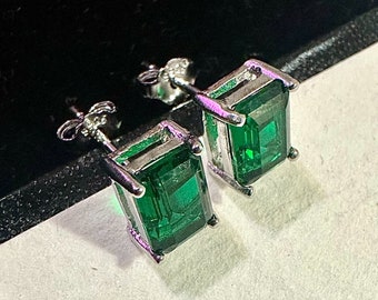 925 Sterling Silver Emerald Stud Earrings for Women 7×5MM Birthstone Gift