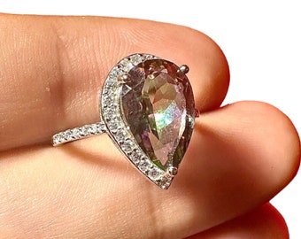 Mystic Topaz Ring Sterling Silver 925, Pear Cut Ring 4.00 CTTW,  Rings for Women Sterling Silver Gemstone, Mystic Topaz Ring Woman, Topaz