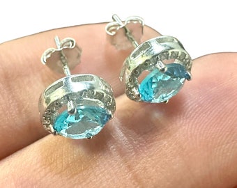 Blue Topaz Earrings Stud, 9MM Stud Earrings for Women Sterling Silver 925, White Topaz Earrings, Earrings Studs Silver, Blue Earrings Studs