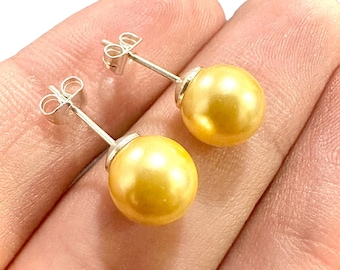 Yellow freshwater Pearl Earrings,8MM Freshwater Pearl Stud Earrings, Yellow Pearl Earrings, Yellow Pearl Earrings, Freshwater Pearl Earrings