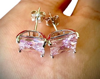Pink Tourmaline Earrings, 925 Sterling Silver Earrings, Square Cut Pink Tourmaline Earrings, Pink Tourmaline Stud Earrings, Cute Earrings