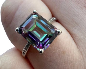 Mystic Topaz Ring Sterling Silver 925, Rainbow Ring Women, Mystic Topaz Jewelry for Women, Emerald Cut Ring for Women, November Birthstone