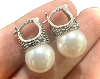 925 Sterling Silver Marcasite & White Pearl Stud Earrings – Vintage Style Jewelry – Gift for Her, Mom, Wife, Bridesmaid