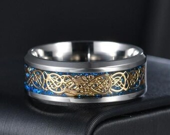 Cool 8mm Blue Black Celtic Dragon Ring – Stainless Steel Wedding Band For Men & Women, Beveled Edges, Hypoallergenic, Size 13 - View #8