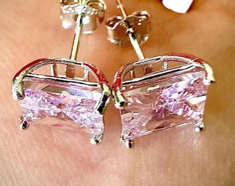 Pink Stud Earrings, 925 Sterling Silver Rectangle Pink Stone Studs Gift for Her