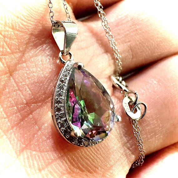 Rainbow Mystic Topaz CZ Pear Pendant Necklace 925 Sterling Silver 18" Teardrop Gift for Her