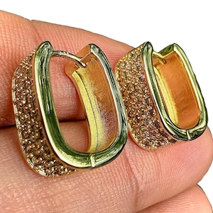 Gold Huggie Earrings with Clear Stones, Rectangular Pave Hoops, Sterling Silver Post, Gift for Her