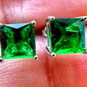 Princess Cut Emerald Earrings 925 Sterling Silver Stud Earrings 6MM Green Emerald Earrings For Women Stud Earrings For Women Emerald Jewelry image 1