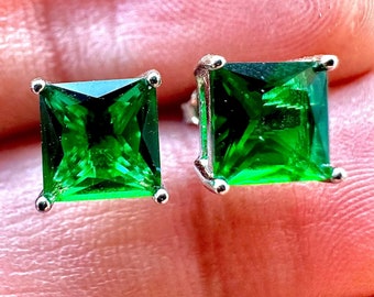 Princess Cut Emerald Earrings 925 Sterling Silver Stud Earrings 6MM Green Emerald Earrings For Women Stud Earrings For Women Emerald Jewelry