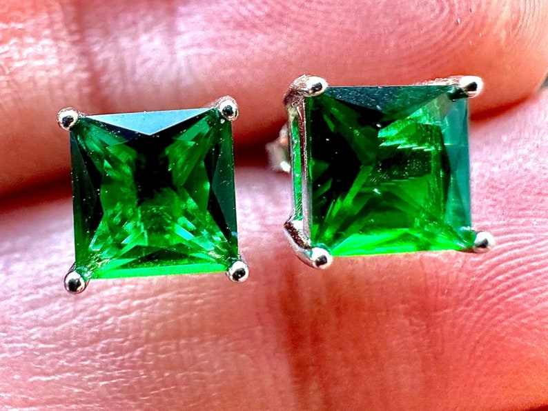 Princess Cut Emerald Earrings 925 Sterling Silver Stud Earrings 6MM Green Emerald Earrings For Women Stud Earrings For Women Emerald Jewelry image 1