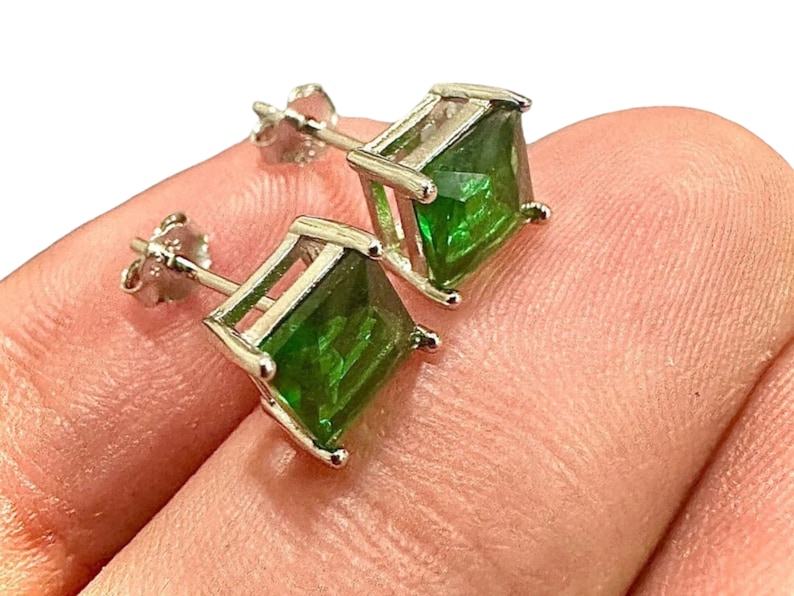 Princess Cut Emerald Earrings 925 Sterling Silver Stud Earrings 6MM Green Emerald Earrings For Women Stud Earrings For Women Emerald Jewelry image 4