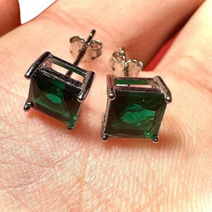 Princess Cut Emerald Earrings 925 Sterling Silver Stud Earrings 6MM Green Emerald Earrings For Women Stud Earrings For Women Emerald Jewelry image 6