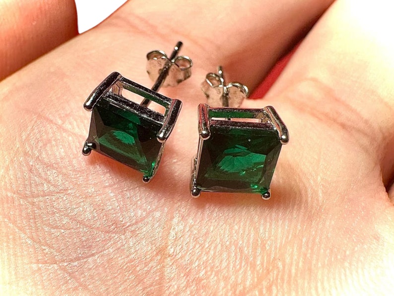 Princess Cut Emerald Earrings 925 Sterling Silver Stud Earrings 6MM Green Emerald Earrings For Women Stud Earrings For Women Emerald Jewelry image 6