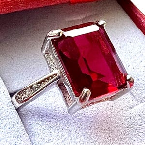 Emerald Cut Ruby CZ Ring 925 Sterling Silver | Classic Solitaire Statement Jewelry Gift for Women | Sizes 6 7 8 9