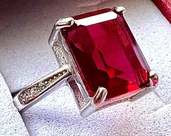 Emerald Cut Ruby CZ Ring 925 Sterling Silver | Classic Solitaire Statement Jewelry Gift for Women | Sizes 6 7 8 9