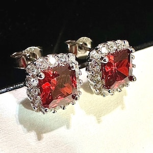 Ruby CZ Stud Earrings 9mm Cushion Cut 925 Sterling Silver Elegant Beautiful Women’s Jewelry Gift for Her