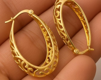 Gold Filigree Hoop Earrings, 30mm Oval 925 Sterling Silver Gold Plated