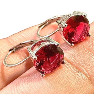 Ruby CZ Leverback Drop Earrings, 6mm Silver Plated Dangle Jewelry