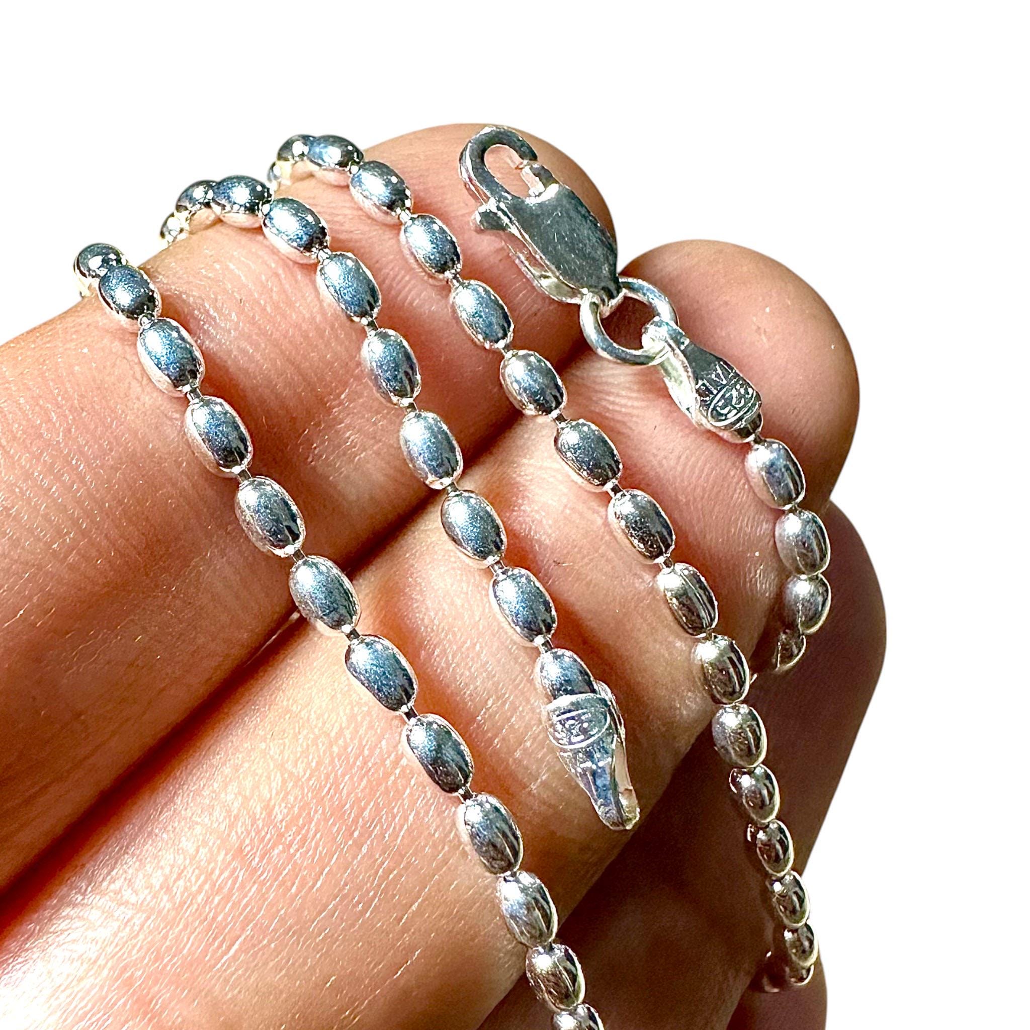 Collar de cadena de cuentas de plata de ley 925 de 2,5 mm con forma ovalada italiana para hombre y mujer. Joyas de capas de 40 a 91 cm. Regalo de plata auténtica.