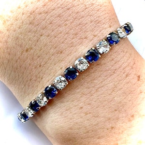 Sapphire Tennis Bracelet 7.5 Inch for Women – White Gold Plated Dainty CZ Gemstones – Elegant Sparkling Gift Jewelry