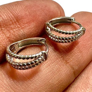 Sterling Silver 925 Hoop Earrings – Double Row Textured Huggie Hoops 11.8mm Lightweight Minimal Everyday Jewelry