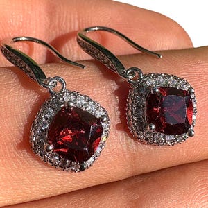 Ruby Dangle Earrings Silver Plated 6mm Red CZ Halo Drop Earrings Statement Gift for Women