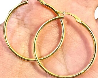Gold Hoop Earrings, 35mm 925 Sterling Silver Round Hoops, Classic Minimalist Gift for Her