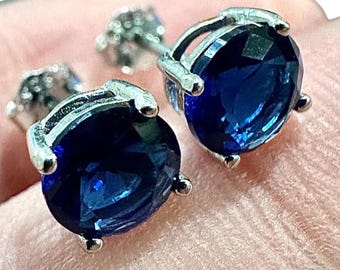 Sapphire CZ Stud Earrings, 6mm 925 Sterling Silver Round Blue Studs, Gift for Her