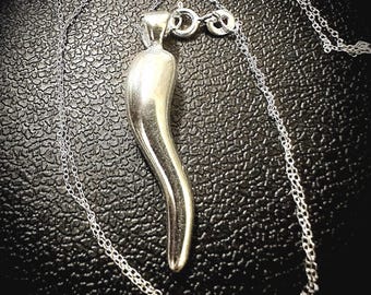 Italian Horn Necklace 925 Sterling Silver Cornicello Pendant, 18 Inch Chain, Silver Horn Charm Gift for Her