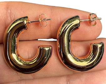 Pendientes de aro dorados de 27 mm, aros gruesos en forma de C, pendientes redondos abiertos y gruesos, regalo llamativo para ella.