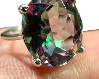 Mystic Topaz CZ Ring, 925 Sterling Silver Oval Statement Ring, Green Purple CZ Ring Sizes 6-9 Gift for Her
