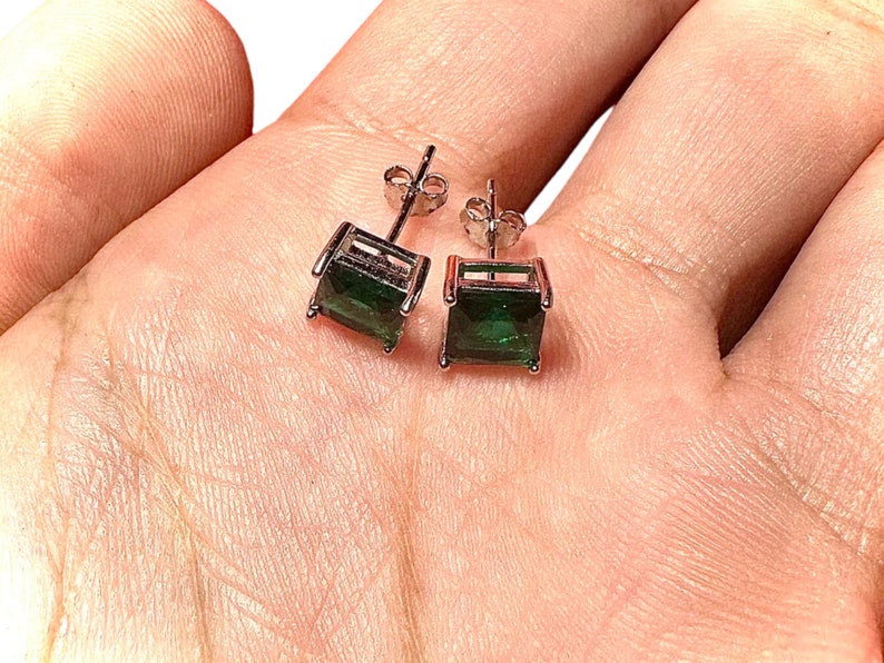 Princess Cut Emerald Earrings 925 Sterling Silver Stud Earrings 6MM Green Emerald Earrings For Women Stud Earrings For Women Emerald Jewelry image 8