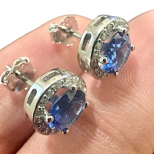 Tanzanite Stud Earrings 9mm | Blue CZ Studs in Sterling Silver 925 for Women | December Birthstone Jewelry Gift | Hypoallergenic