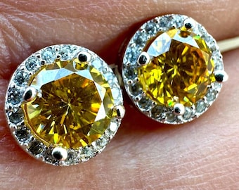 Citrine CZ Stud Earrings, 9.9mm 925 Sterling Silver Yellow Round Halo Studs Gift for Her