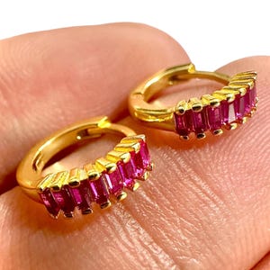 Ruby CZ Huggie Earrings Gold Plated 925 Sterling Silver, Red Baguette Small Hoop Gift for Her