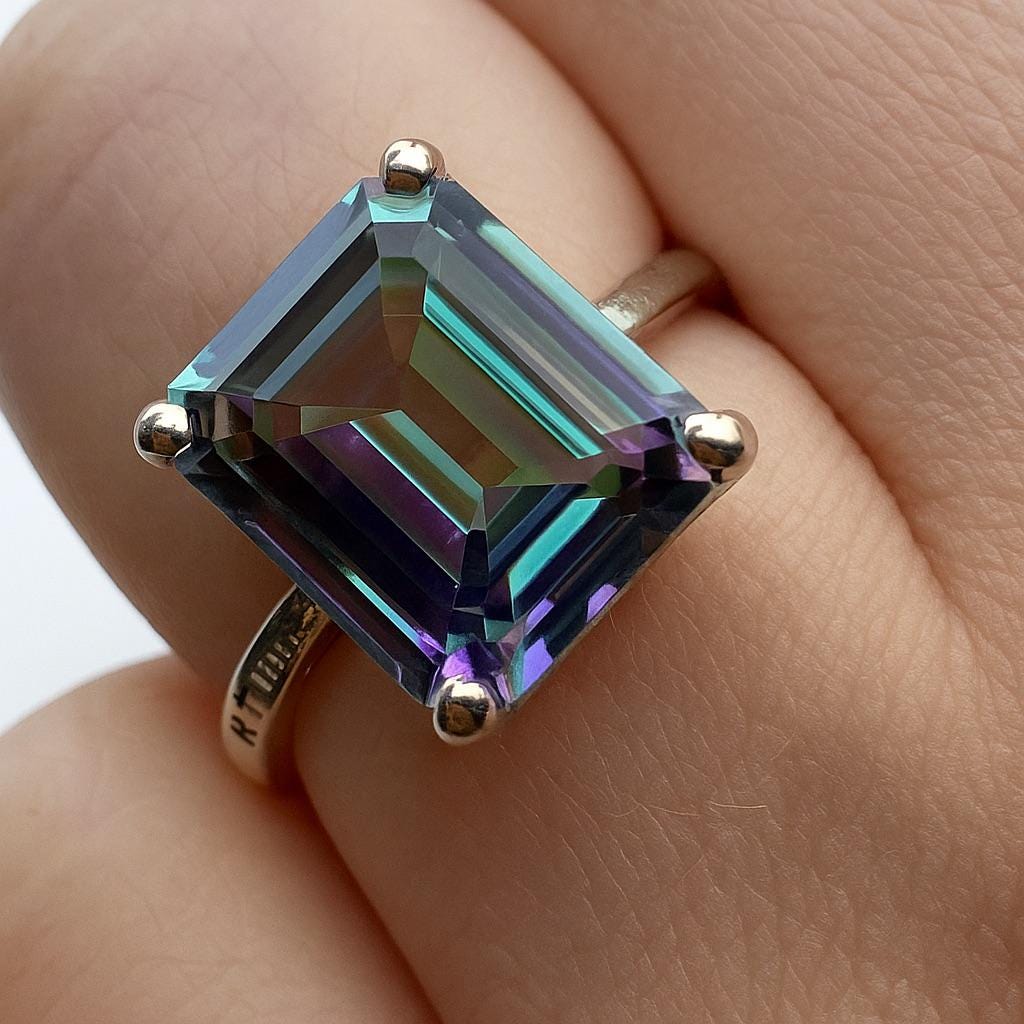 Mystic Topaz Emerald Cut Ring – 925 Sterling Silver for Women – Rainbow Fire Gemstone Band – Dainty October Birthstone Gift