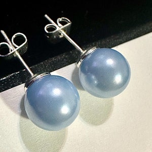 Light Blue Pearl Stud Earrings – 8 mm Freshwater Pearl – White Gold Plated Studs – Minimalist Gift