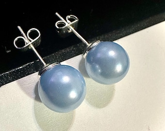 Light Blue Freshwater Pearl Stud Earrings for Women 8MM